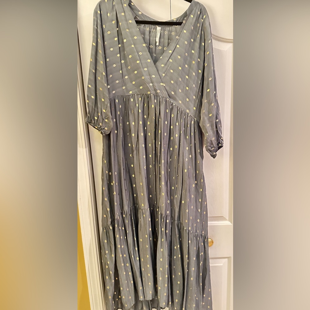 Anthropologie gold metallic polka dot maxi dress